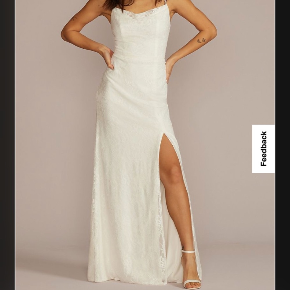 David’s Bridal Allover Lace Cowl Neck Wedding Gown Open Back
